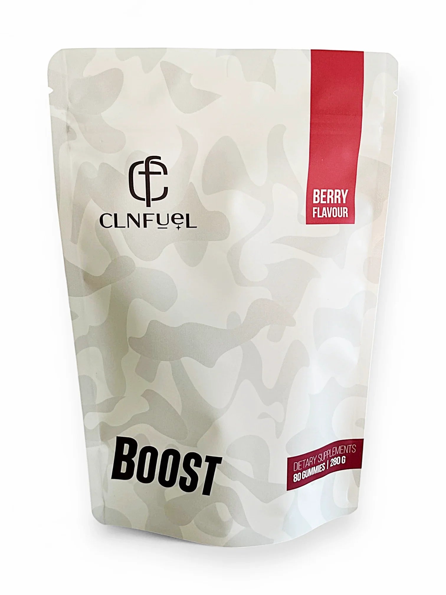 CLNFUEL pre-workout energy gummies in berry flavor bag
